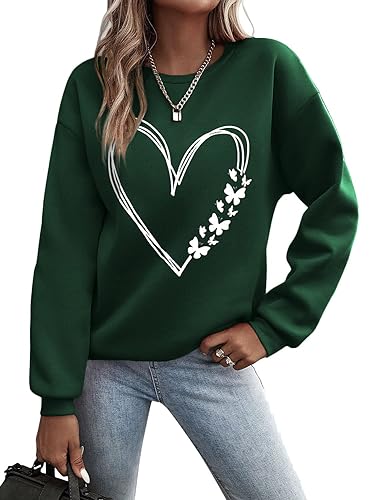 Minetom Pullover Damen Sweatshirt mit Liebe Drucken Langarm Rundhals Pulli Locker Casual Oberteil Sport Streetwear Sweatshirts ohne Kapuze Bluse Tops Herbst Winter Frauen B Dunkelgrün XL von Minetom