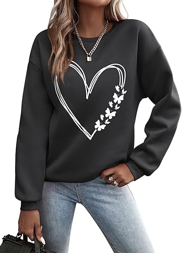 Minetom Pullover Damen Sweatshirt mit Liebe Drucken Langarm Rundhals Pulli Locker Casual Oberteil Sport Streetwear Sweatshirts ohne Kapuze Bluse Tops Herbst Winter Frauen B Schwarz M von Minetom