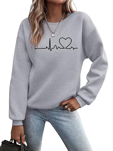 Minetom Pullover Damen Sweatshirt mit Liebe Drucken Langarm Rundhals Pulli Locker Casual Oberteil Sport Streetwear Sweatshirts ohne Kapuze Bluse Tops Herbst Winter Frauen D Grau L von Minetom