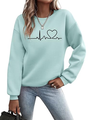 Minetom Pullover Damen Sweatshirt mit Liebe Drucken Langarm Rundhals Pulli Locker Casual Oberteil Sport Streetwear Sweatshirts ohne Kapuze Bluse Tops Herbst Winter Frauen D Hellgrün M von Minetom