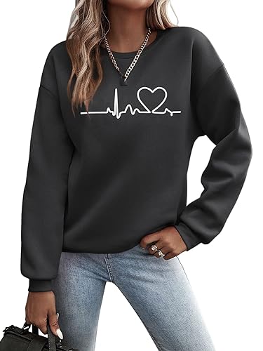 Minetom Pullover Damen Sweatshirt mit Liebe Drucken Langarm Rundhals Pulli Locker Casual Oberteil Sport Streetwear Sweatshirts ohne Kapuze Bluse Tops Herbst Winter Frauen D Schwarz L von Minetom