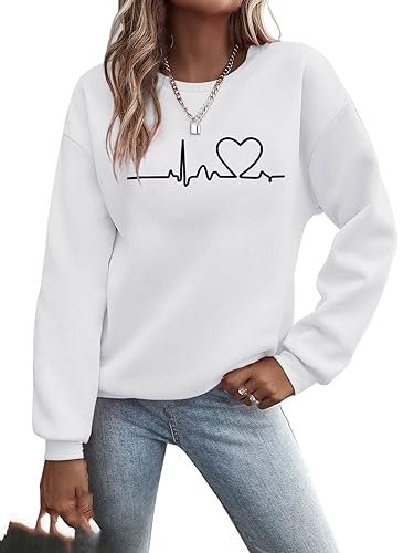 Minetom Pullover Damen Sweatshirt mit Liebe Drucken Langarm Rundhals Pulli Locker Casual Oberteil Sport Streetwear Sweatshirts ohne Kapuze Bluse Tops Herbst Winter Frauen D Weiß L von Minetom