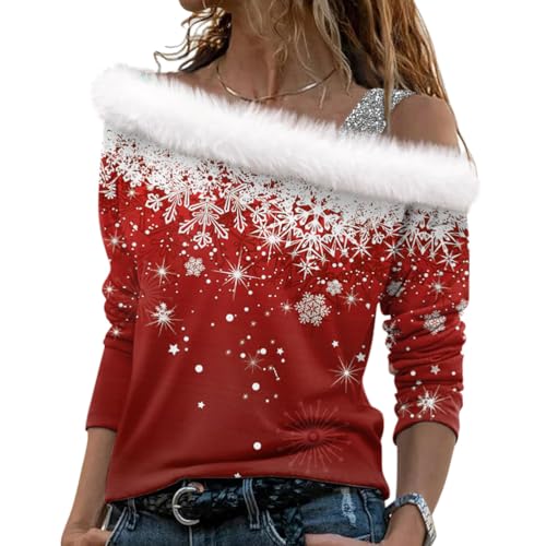 Minetom Pullover Für Damen Weihnachten 3D Druck Plüsch Schulterfrei Langarm Pulli Shirt Mit Schulterriemen Weihnachtspullover Weihnachtspulli Christmas Sweatshirt Oberteile A1 Rot 04 L von Minetom