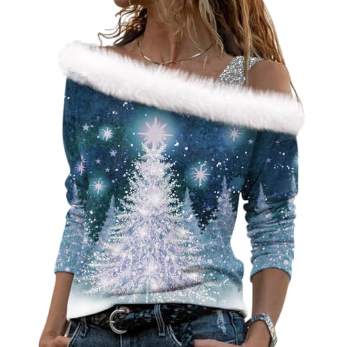 Minetom Pullover Für Damen Weihnachten 3D Druck Plüsch Schulterfrei Langarm Pulli Shirt Mit Schulterriemen Weihnachtspullover Weihnachtspulli Christmas Sweatshirt Oberteile A2 Blau 06 M von Minetom