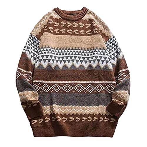 Minetom Pullover Herren Strickpullover Retro Muster Sweater Winterpullover Mit Rundhalsausschnitt Weihnachtspullover Grobstrickpullover Männer Pulli D Braun M von Minetom