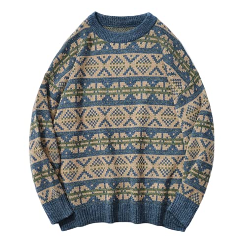 Minetom Pullover Herren Strickpullover Retro Muster Sweater Winterpullover Mit Rundhalsausschnitt Weihnachtspullover Grobstrickpullover Männer Pulli E Blau S von Minetom