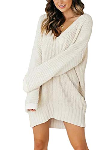 Minetom Pulloverkleid Damen Casual V-Ausschnitt Langarmshirt Oversize Einfarbig Tunika Jumper Pullover Minikleid Weiß 48 von Minetom