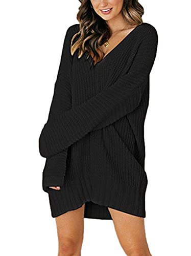 Minetom Pulloverkleid Damen V-Ausschnitt Langarmshirt Oversize Einfarbig Tunika Jumper Pullover Minikleid Schwarz 48 von Minetom