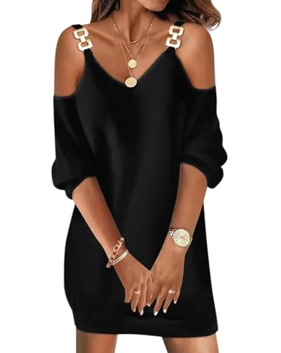 Minetom Pulloverkleid Damen V-Ausschnitt Spitze Strickkleid Langarm Pullover Tunika Kleid Für Herbst Winter Weihnachts Pulli A2 Schwarz XL von Minetom