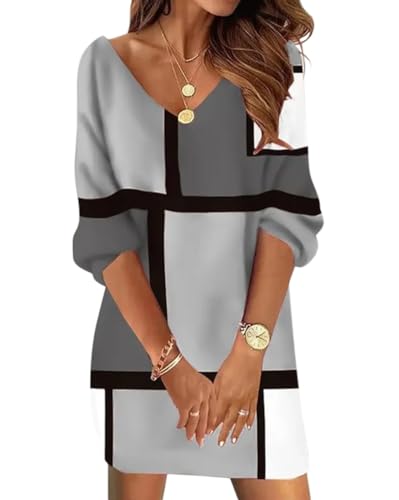 Minetom Pulloverkleid Damen V-Ausschnitt Spitze Strickkleid Langarm Pullover Tunika Kleid Für Herbst Winter Weihnachts Pulli B3 Grau L von Minetom