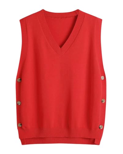 Minetom Pullunder Damen Ärmellos Strickweste Pullover Weste Knöpfen Strickpullover Strickpulli Casual Strick Tanktop Einfarbig Pullunder A Rot XL von Minetom