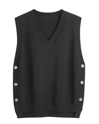 Minetom Pullunder Damen Ärmellos Strickweste Pullover Weste Knöpfen Strickpullover Strickpulli Casual Strick Tanktop Einfarbig Pullunder A Schwarz 3XL von Minetom