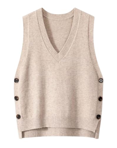 Minetom Pullunder Damen Ärmellos Strickweste Pullover Weste Knöpfen Strickpullover Strickpulli Casual Strick Tanktop Einfarbig Pullunder C Beige XL von Minetom