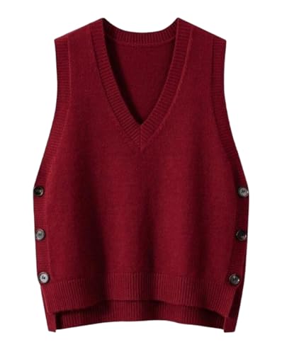 Minetom Pullunder Damen Ärmellos Strickweste Pullover Weste Knöpfen Strickpullover Strickpulli Casual Strick Tanktop Einfarbig Pullunder C Rot L von Minetom