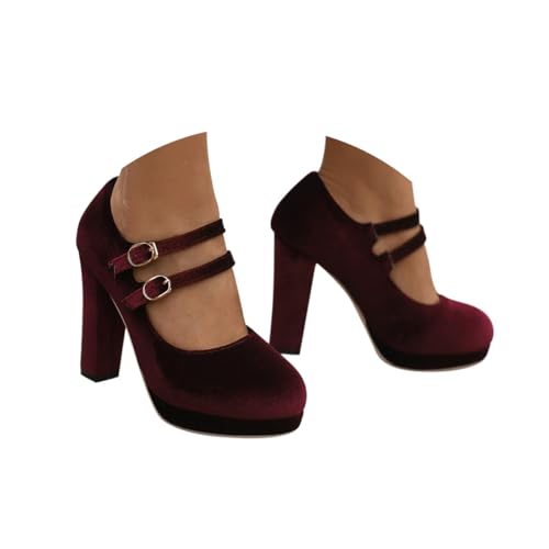 Minetom Pumps Damen Velours Dirndl Schuhe Blockabsatz Elegant Tanzschuhe Kreuz Knöchelriemen Absatzschuhe Für Hochzeiten Oktoberfest Und Party B Rot 40 EU von Minetom