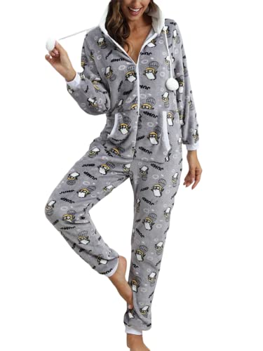 Minetom Pyjama Damen Weihnachten Einteiler Jumpsuit Onesie Schlafoveralls Mit Kapuze Kuscheliges Schlafanzug Kuschelig Langarm Strampler Mit Reißverschluss Für Frauen Mädchen A Dunkelgrau L von Minetom