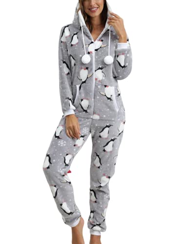 Minetom Pyjama Damen Weihnachten Einteiler Jumpsuit Onesie Schlafoveralls Mit Kapuze Kuscheliges Schlafanzug Kuschelig Langarm Strampler Mit Reißverschluss Für Frauen Mädchen A Grau XL von Minetom