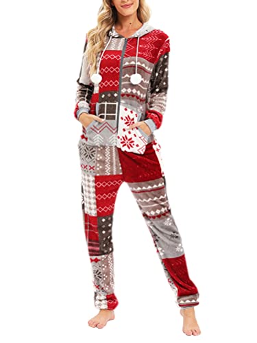 Minetom Pyjama Damen Weihnachten Einteiler Jumpsuit Onesie Schlafoveralls Mit Kapuze Kuscheliges Schlafanzug Kuschelig Langarm Strampler Mit Reißverschluss Für Frauen Mädchen B Rot L von Minetom