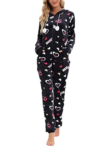 Minetom Pyjama Damen Weihnachten Einteiler Jumpsuit Onesie Schlafoveralls Mit Kapuze Kuscheliges Schlafanzug Kuschelig Langarm Strampler Mit Reißverschluss Für Frauen Mädchen B Schwarz 02 L von Minetom