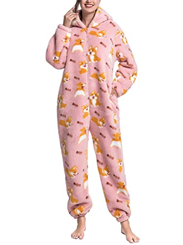 Minetom Pyjama Damen Weihnachten Einteiler Jumpsuit Onesie Schlafoveralls Mit Kapuze Kuscheliges Schlafanzug Kuschelig Langarm Strampler Mit Reißverschluss Für Frauen Mädchen G Rosa L von Minetom