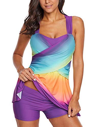 Minetom Regenbogen Damen Übergröße Tankini Set Badeanzug Schwimmen Kleid Frauen Push Up Gepolsterte Strand Bademode Bikini mit Shorts Badebekleidung Zweiteilig Violett DE 38 von Minetom