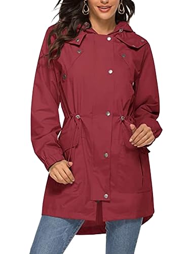 Minetom Regenjacke Damen Wasserdicht Regenmantel Mit Kapuze Winddicht Wetterfest Übergangsjacke Atmungsaktiv Mantel Jacke Outdoor Windjacke Wandern Fahrradjacke C Rot S von Minetom