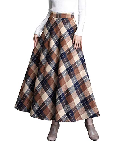 Minetom Rock Damen Lang Vintage Elegant Plaid Winterrock Warm Elastische Taille A Linie Röcke Casual Rock Hohe Taille Midi Rock C Khaki L von Minetom