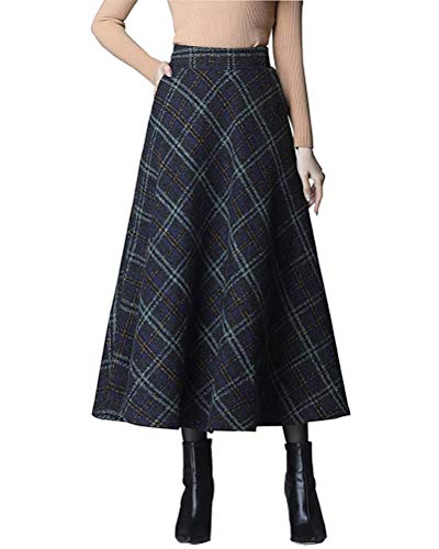 Minetom Rock Damen Lang Vintage Elegant Plaid Winterrock Warm Elastische Taille A Linie Röcke Casual Rock Hohe Taille Midi Rock D Grün L von Minetom