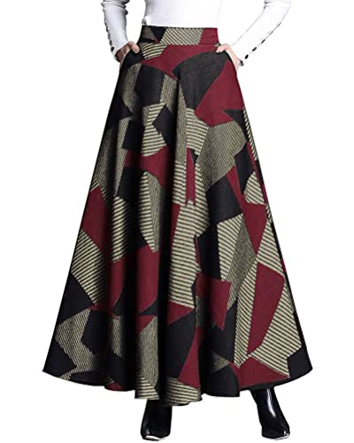 Minetom Rock Damen Lang Vintage Elegant Plaid Winterrock Warm Elastische Taille A Linie Röcke Casual Rock Hohe Taille Midi Rock H Rot L von Minetom