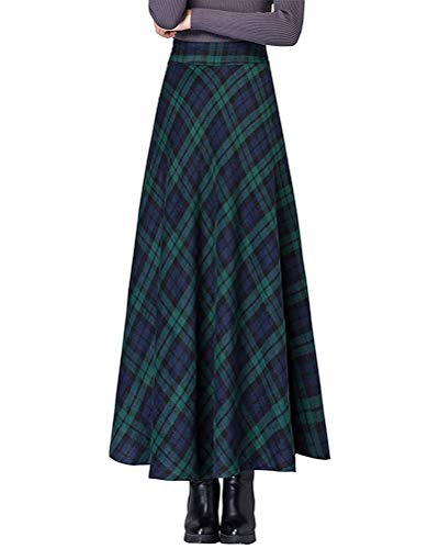 Minetom Rock Damen Lang Vintage Elegant Plaid Winterrock Warm Elastische Taille A Linie Röcke Casual Rock Hohe Taille Midi Rock I Grün L von Minetom