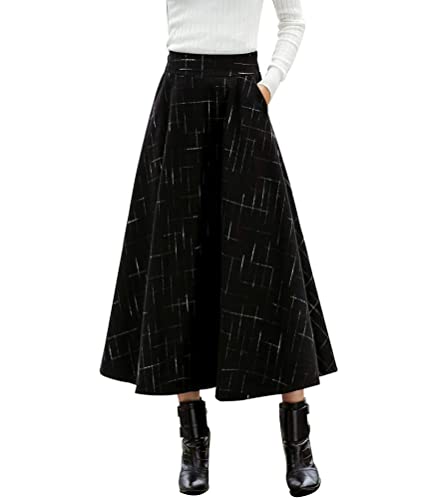 Minetom Rock Damen Lang Vintage Plaid Plaid Winterrock Warm Tartan A Linie Röcke Hohe Taille Maxi Rock Long Swing Röcke D Schwarz L von Minetom