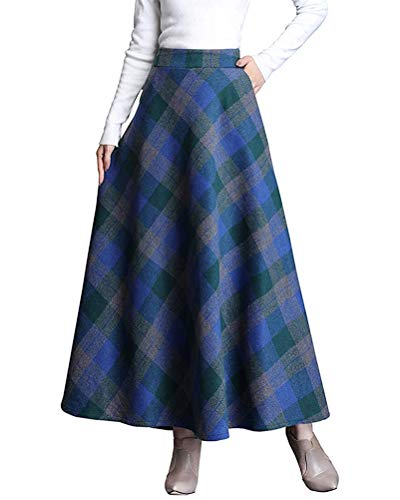 Minetom Rock Damen Lang Vintage Plaid Winterrock Warm Elastische Taille A Linie Röcke Casual Rock Hohe Taille Kariert Maxi Rock C Blau M von Minetom