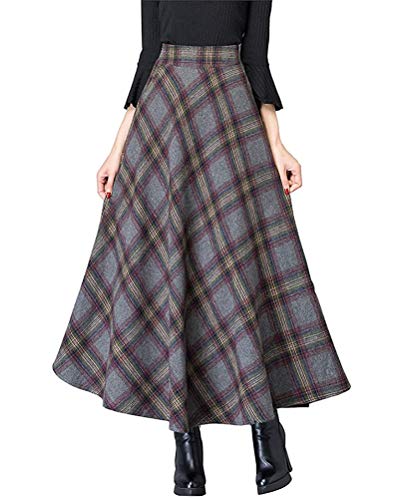 Minetom Rock Damen Lang Vintage Plaid Winterrock Warm Elastische Taille A Linie Röcke Casual Rock Hohe Taille Kariert Maxi Rock E Grau XXL von Minetom