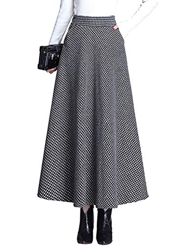 Minetom Rock Damen Lang Vintage Plaid Winterrock Warm Elastische Taille A Linie Röcke Casual Rock Hohe Taille Kariert Maxi Rock F Grau M von Minetom