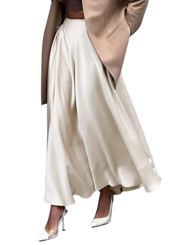 Minetom Rock Damen Satin High Waist Midirock Langer A-Linie Rock Swing A-Linien Midi Rock Party Faltenrock Skirt B Beige M von Minetom
