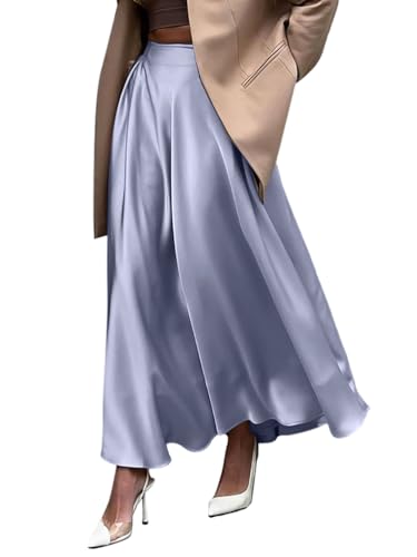 Minetom Rock Damen Satin High Waist Midirock Langer A-Linie Rock Swing A-Linien Midi Rock Party Faltenrock Skirt B Blau L von Minetom