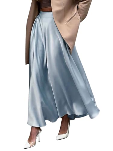 Minetom Rock Damen Satin High Waist Midirock Langer A-Linie Rock Swing A-Linien Midi Rock Party Faltenrock Skirt B Hellblau L von Minetom