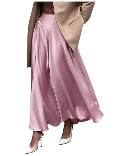 Minetom Rock Damen Satin High Waist Midirock Langer A-Linie Rock Swing A-Linien Midi Rock Party Faltenrock Skirt B Rosa M von Minetom