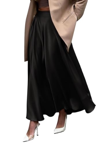 Minetom Rock Damen Satin High Waist Midirock Langer A-Linie Rock Swing A-Linien Midi Rock Party Faltenrock Skirt B Schwarz L von Minetom