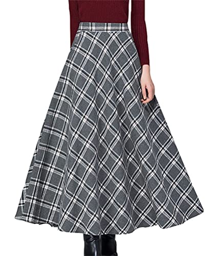 Minetom Röcke Damen Kariert Rock Tartan Retro Maxirock Hohe Taille Schottenkaro Rock Ausgestellte Form Vintage Karierte Long Rock Swing Röcke A Grau M von Minetom