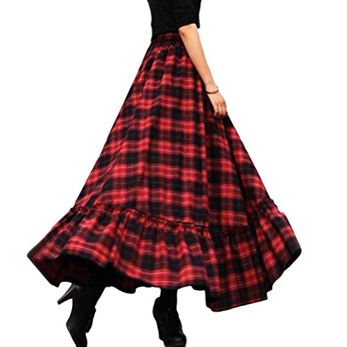 Minetom Röcke Damen Kariert Rock Tartan Retro Maxirock Hohe Taille Schottenkaro Rock Ausgestellte Form Vintage Karierte Long Rock Swing Röcke B Rot 3XL von Minetom