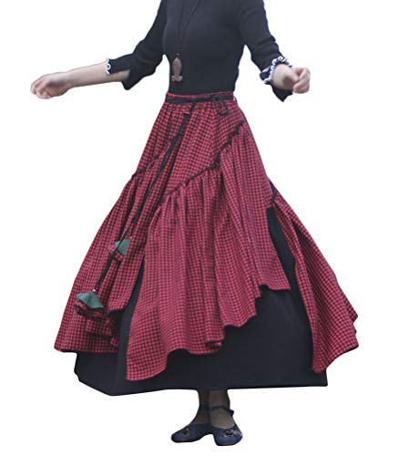 Minetom Röcke Damen Kariert Tartan Retro Maxirock Hohe Taille Schottenkaro Rock Ausgestellte Form Vintage Karierte Long Rock Swing Röcke D Rot XL von Minetom