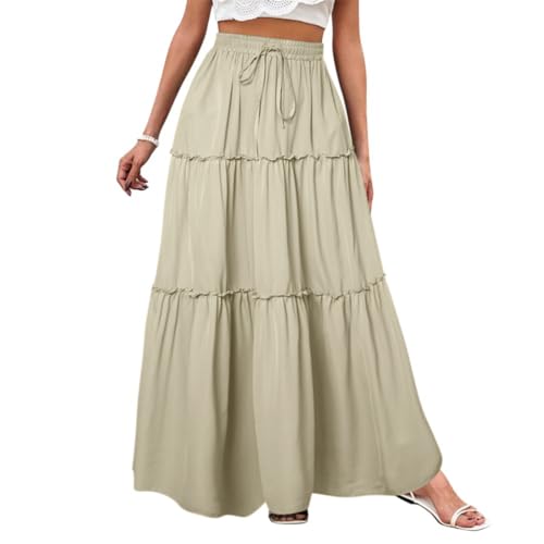 Minetom Röcke Damen Midi-Länge Strandrock Hohe Taille Maxirock Mit Kordelzug Einfarbig Casual Freizeitrock Hochzeit Cocktail Skirt A Aprikose L von Minetom