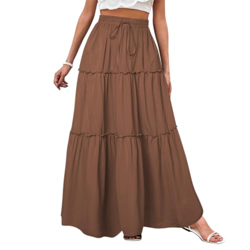 Minetom Röcke Damen Midi-Länge Strandrock Hohe Taille Maxirock Mit Kordelzug Einfarbig Casual Freizeitrock Hochzeit Cocktail Skirt A Braun XS von Minetom
