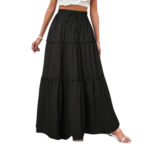 Minetom Röcke Damen Midi-Länge Strandrock Hohe Taille Maxirock Mit Kordelzug Einfarbig Casual Freizeitrock Hochzeit Cocktail Skirt A Schwarz S von Minetom