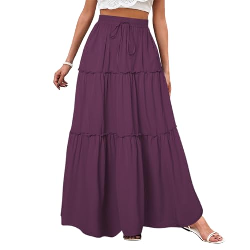 Minetom Röcke Damen Midi-Länge Strandrock Hohe Taille Maxirock Mit Kordelzug Einfarbig Casual Freizeitrock Hochzeit Cocktail Skirt A Violett XL von Minetom