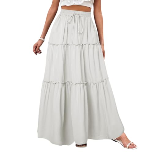 Minetom Röcke Damen Midi-Länge Strandrock Hohe Taille Maxirock Mit Kordelzug Einfarbig Casual Freizeitrock Hochzeit Cocktail Skirt A Weiß XL von Minetom