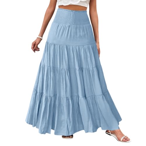 Minetom Röcke Damen Midi-Länge Strandrock Hohe Taille Maxirock Mit Kordelzug Einfarbig Casual Freizeitrock Hochzeit Cocktail Skirt B Blau XXL von Minetom