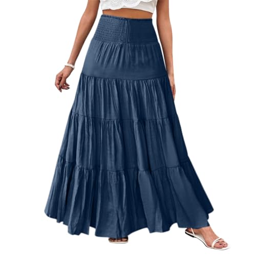 Minetom Röcke Damen Midi-Länge Strandrock Hohe Taille Maxirock Mit Kordelzug Einfarbig Casual Freizeitrock Hochzeit Cocktail Skirt B Dunkelblau M von Minetom