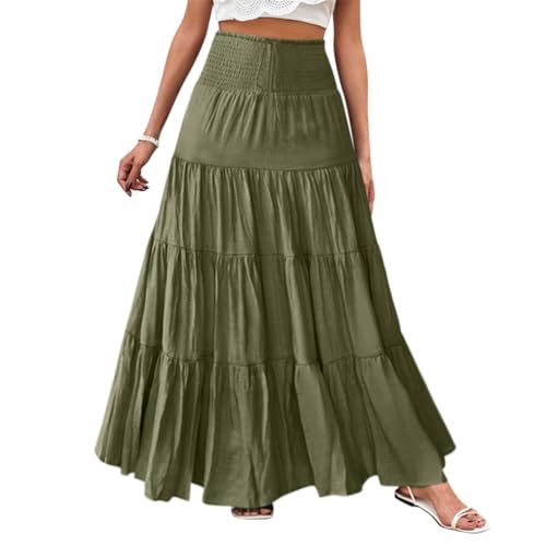 Minetom Röcke Damen Midi-Länge Strandrock Hohe Taille Maxirock Mit Kordelzug Einfarbig Casual Freizeitrock Hochzeit Cocktail Skirt B Dunkelgrün XXL von Minetom